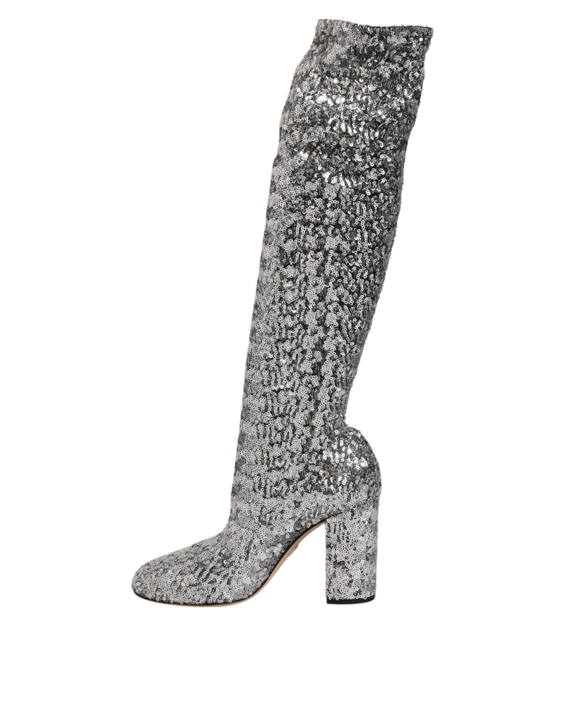 Botines de tacón alto con lentejuelas plateadas de Dolce & Gabbana