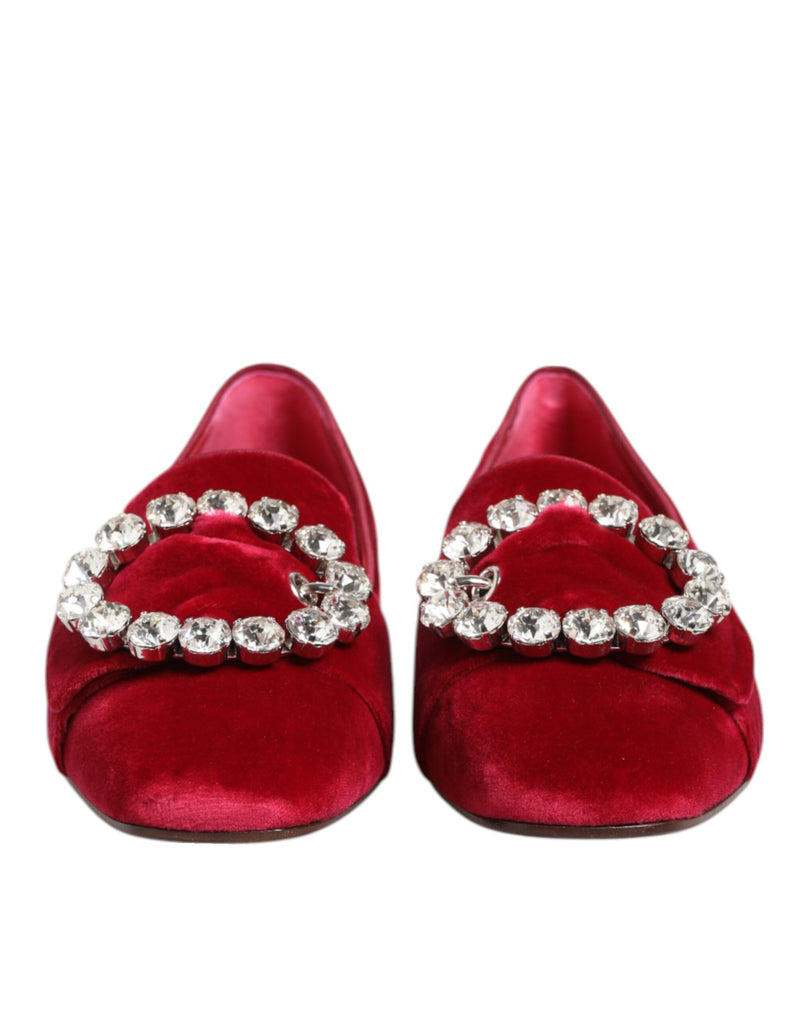 Mocassini bassi in velluto rosso con fibbia di cristalli Dolce & Gabbana