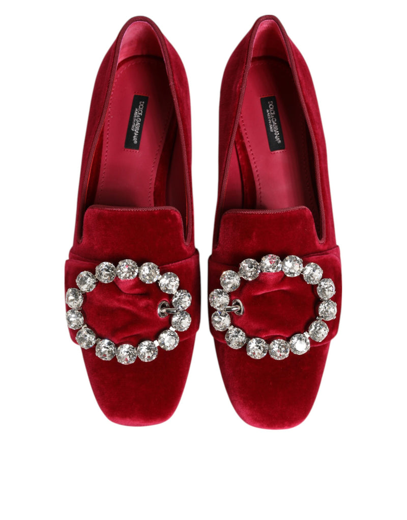 Mocassini bassi in velluto rosso con fibbia di cristalli Dolce & Gabbana