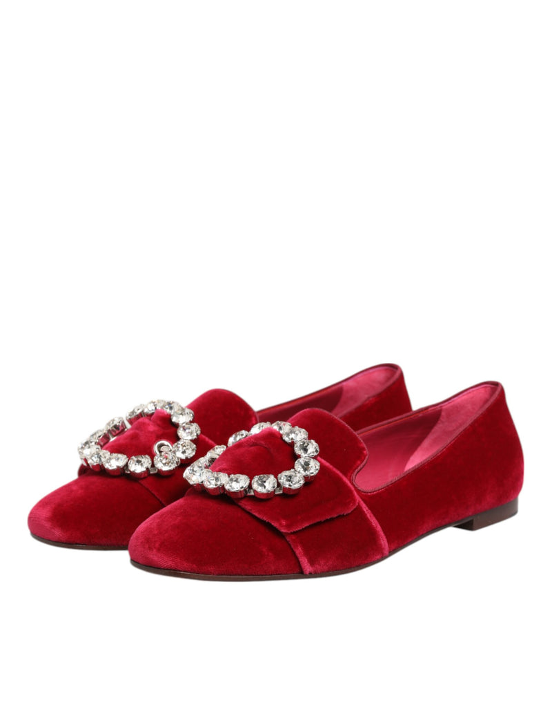 Mocassini bassi in velluto rosso con fibbia di cristalli Dolce & Gabbana