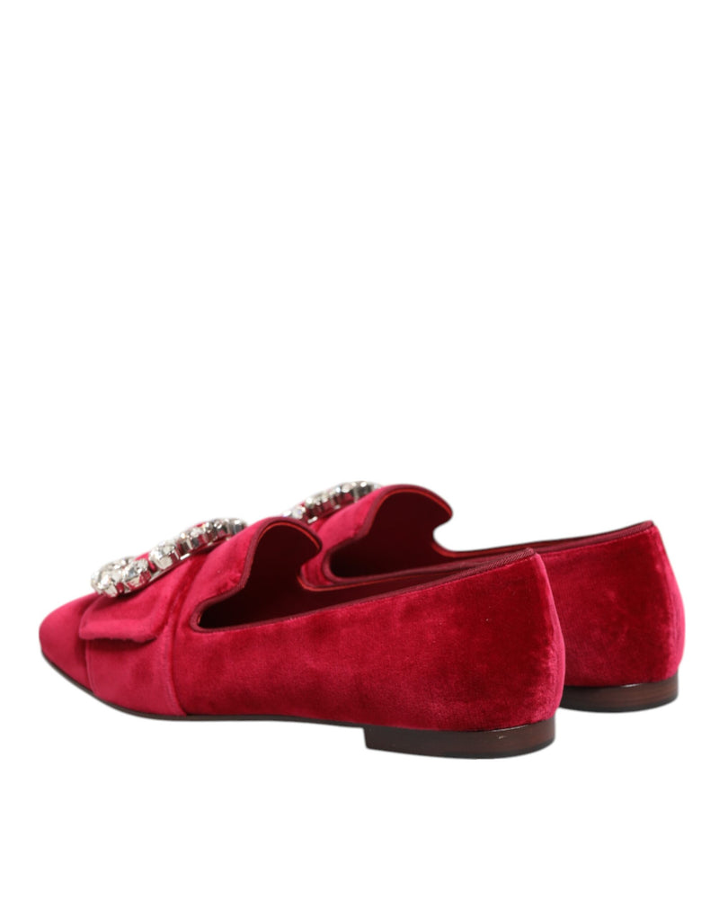 Mocassini bassi in velluto rosso con fibbia di cristalli Dolce & Gabbana