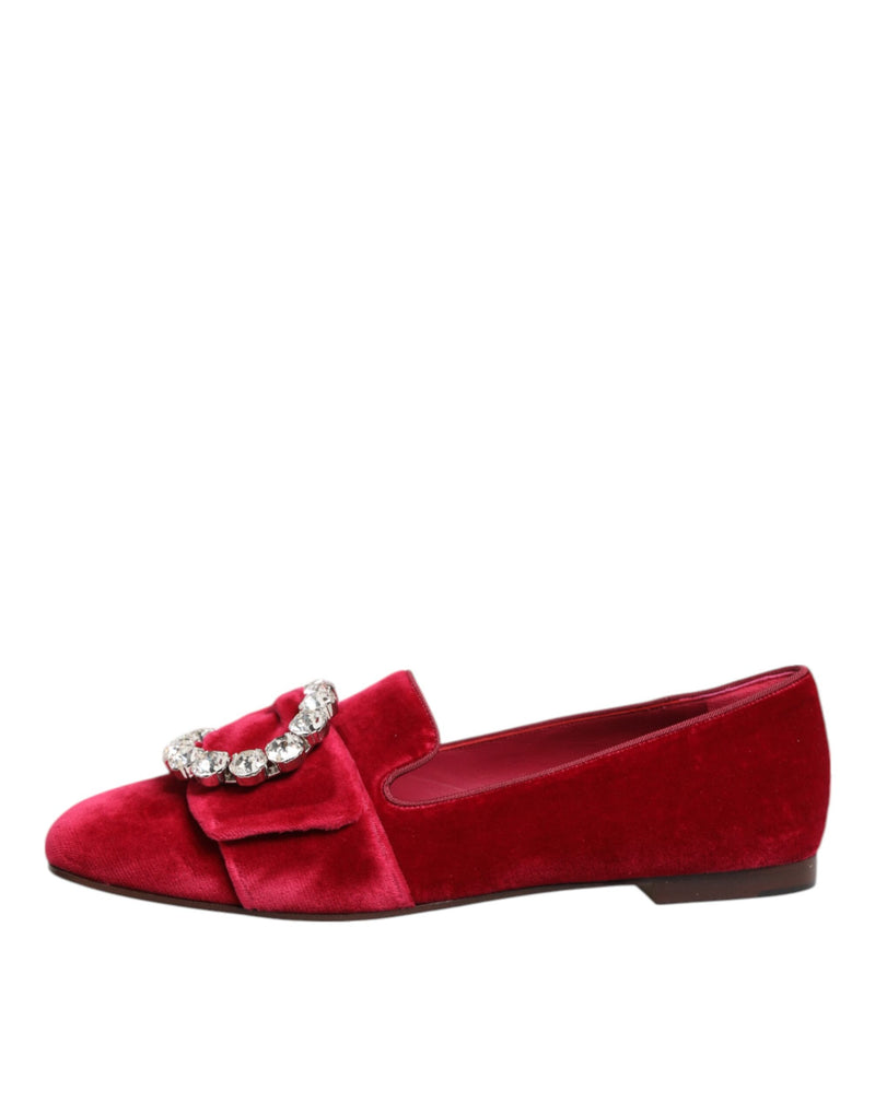 Mocassini bassi in velluto rosso con fibbia di cristalli Dolce & Gabbana