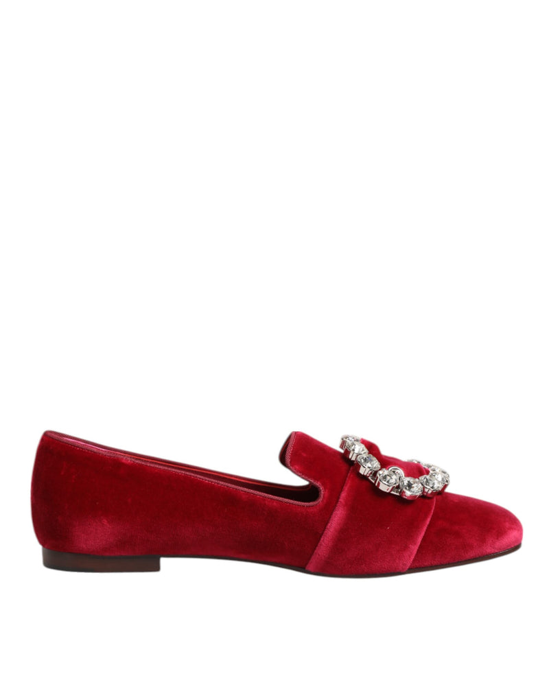 Mocassini bassi in velluto rosso con fibbia di cristalli Dolce & Gabbana