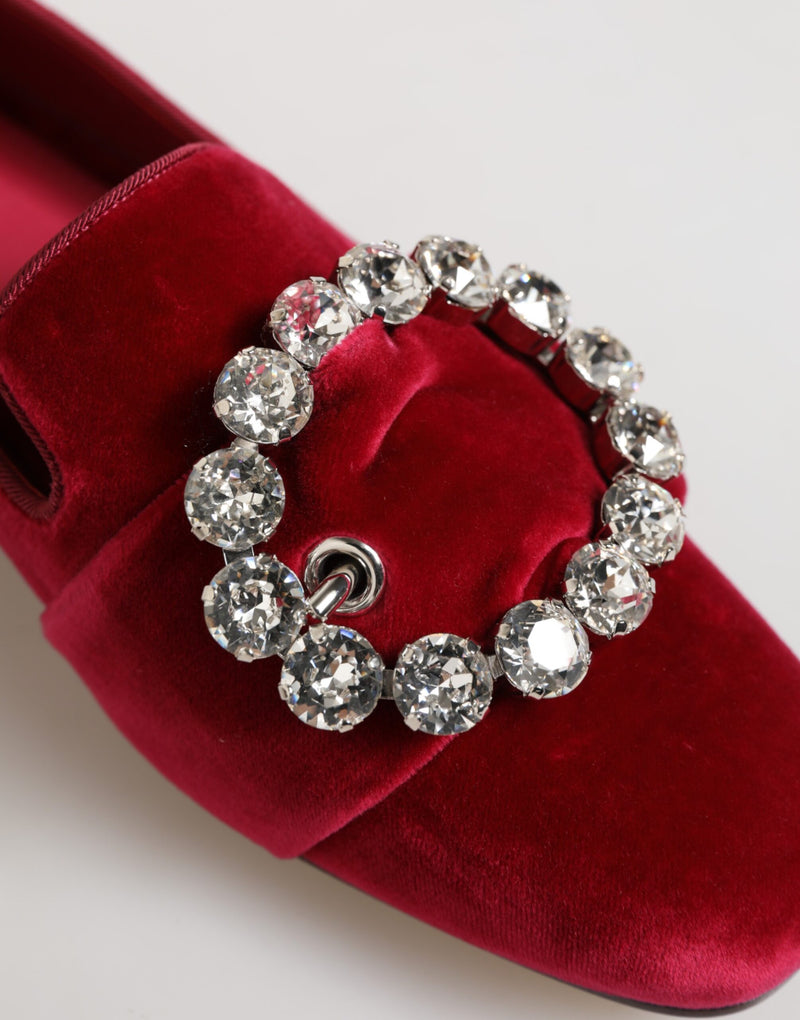 Mocassini bassi in velluto rosso con fibbia di cristalli Dolce & Gabbana