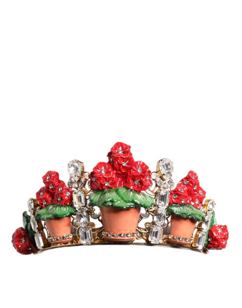 Diadema tipo tiara con corona dorada de cristales y maceta floral roja de Dolce & Gabbana
