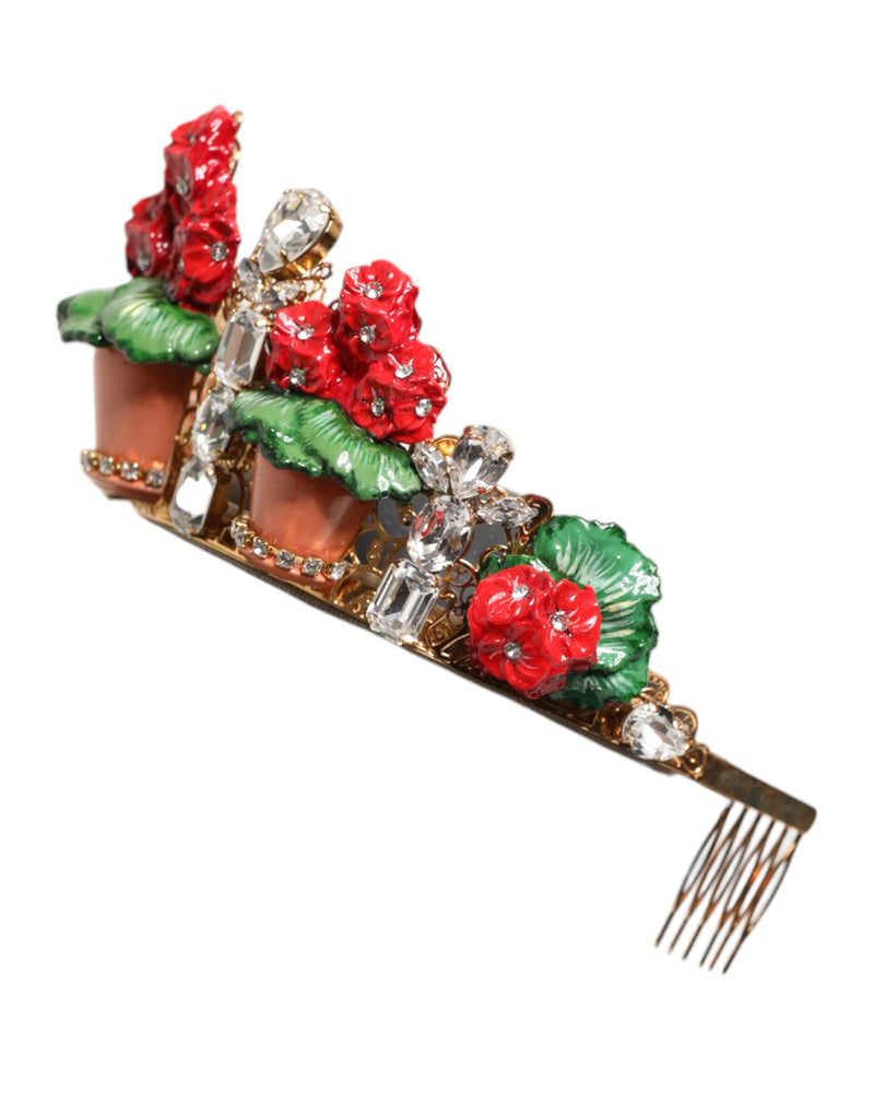 Diadema tipo tiara con corona dorada de cristales y maceta floral roja de Dolce & Gabbana