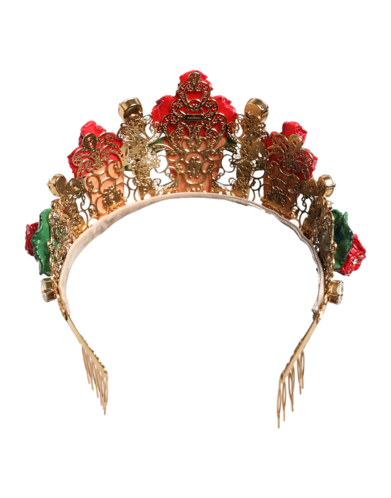 Diadema tipo tiara con corona dorada de cristales y maceta floral roja de Dolce & Gabbana