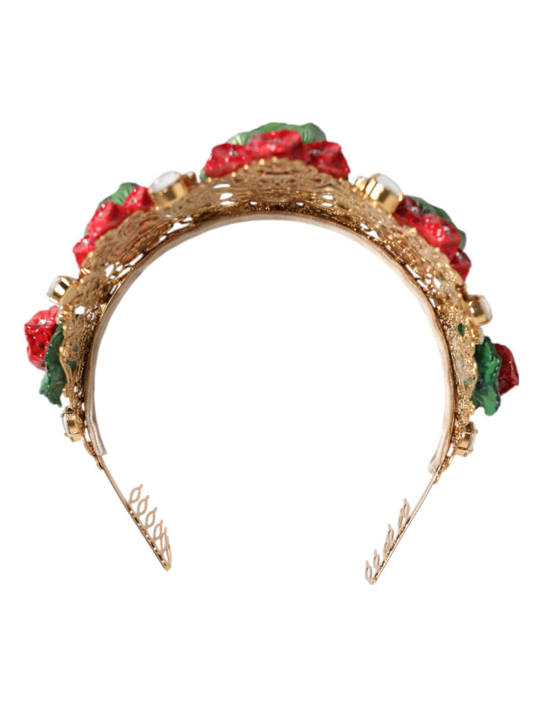Diadema tipo tiara con corona dorada de cristales y maceta floral roja de Dolce & Gabbana