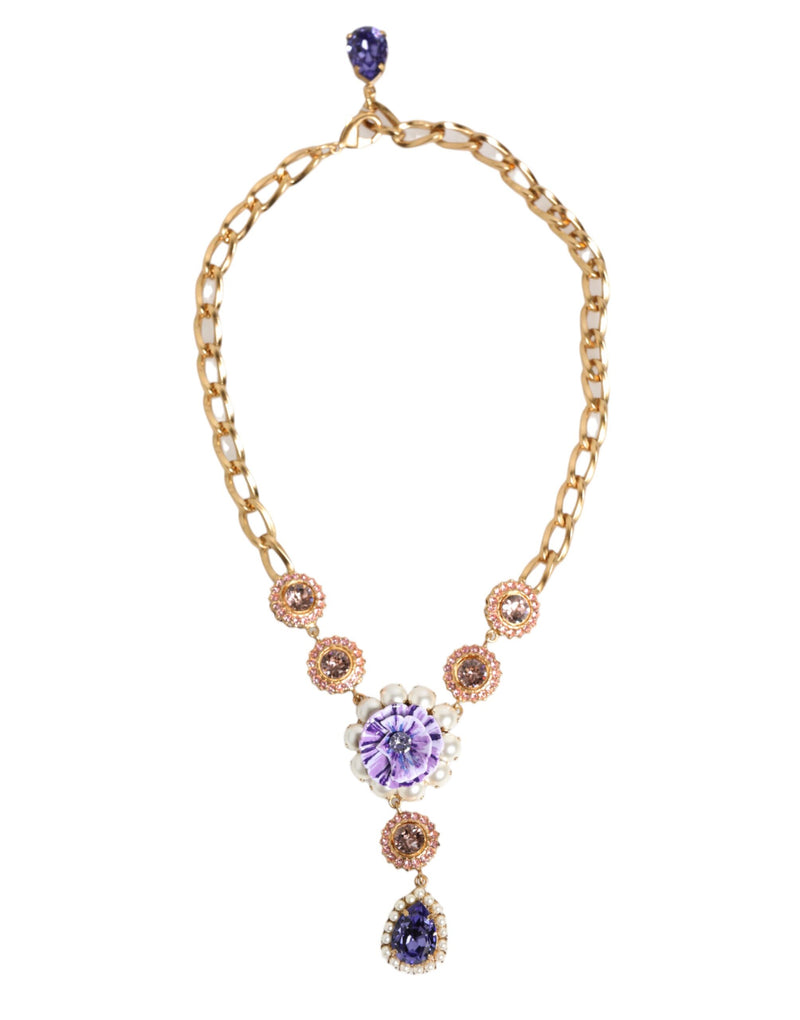 Collar con colgante floral morado de perlas de cristal y latón dorado de Dolce & Gabbana