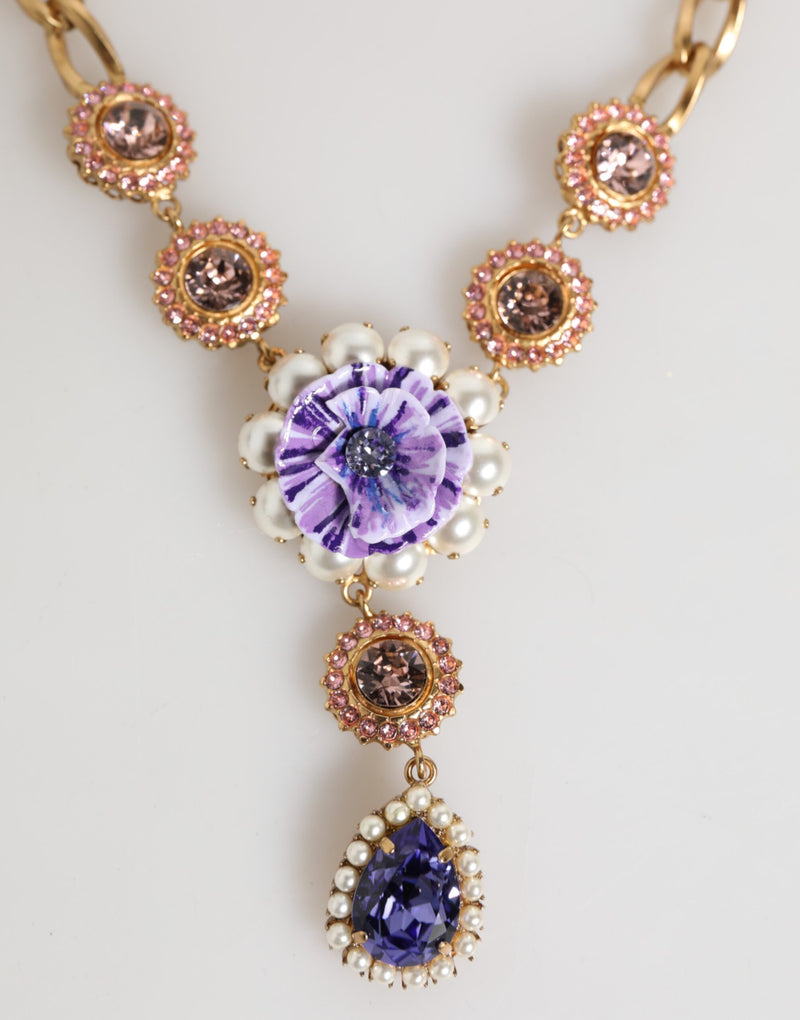 Collar con colgante floral morado de perlas de cristal y latón dorado de Dolce & Gabbana
