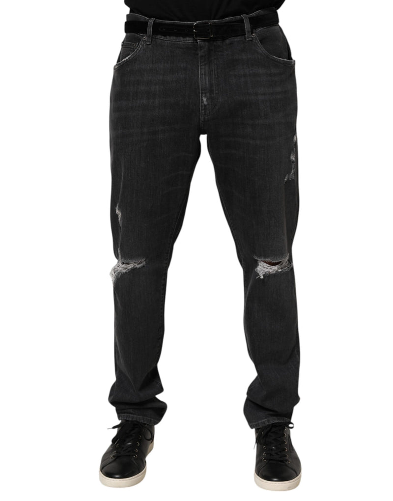 Dolce & Gabbana Black Cotton Slim Fit Distressed Ripped Logo Jeans