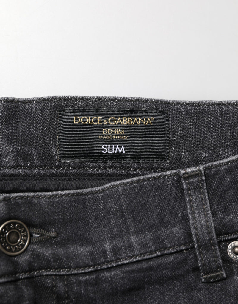 Dolce & Gabbana Black Cotton Slim Fit Distressed Ripped Logo Jeans