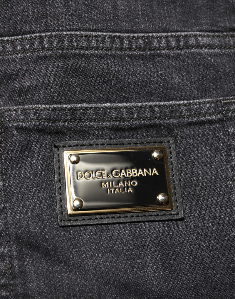 Dolce & Gabbana Black Cotton Slim Fit Distressed Ripped Logo Jeans