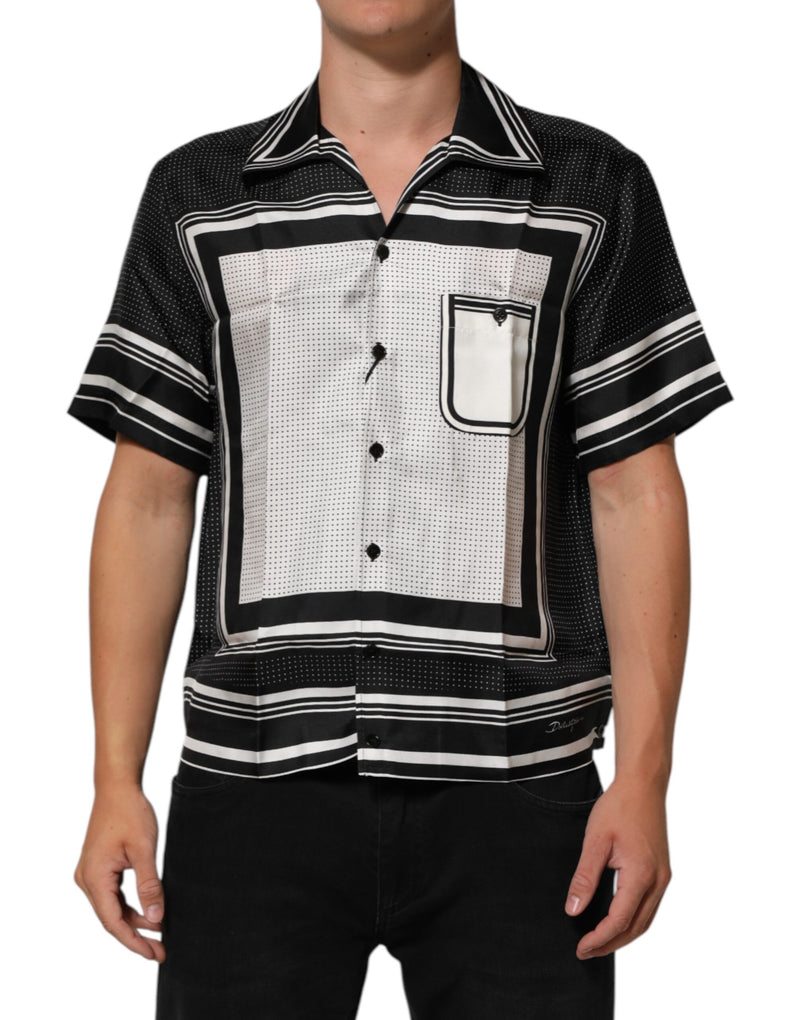 Camisa polo casual Dolce & Gabbana preta e branca com estampa de listras e pontos