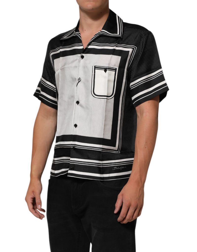 Camisa polo casual Dolce & Gabbana preta e branca com estampa de listras e pontos