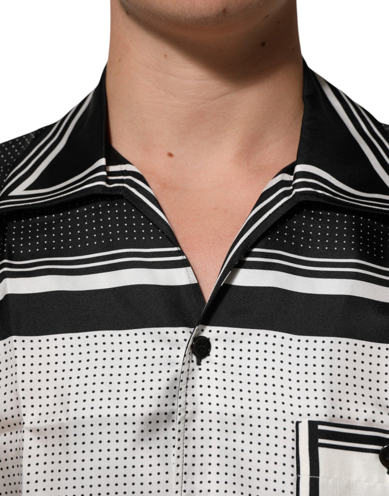Camisa polo casual Dolce & Gabbana preta e branca com estampa de listras e pontos