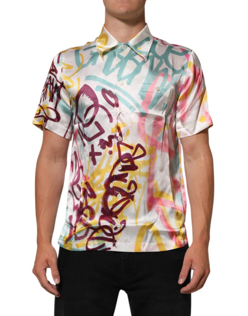 Camisa casual Dolce & Gabbana branca de seda para homens com estampa havaiana de grafite