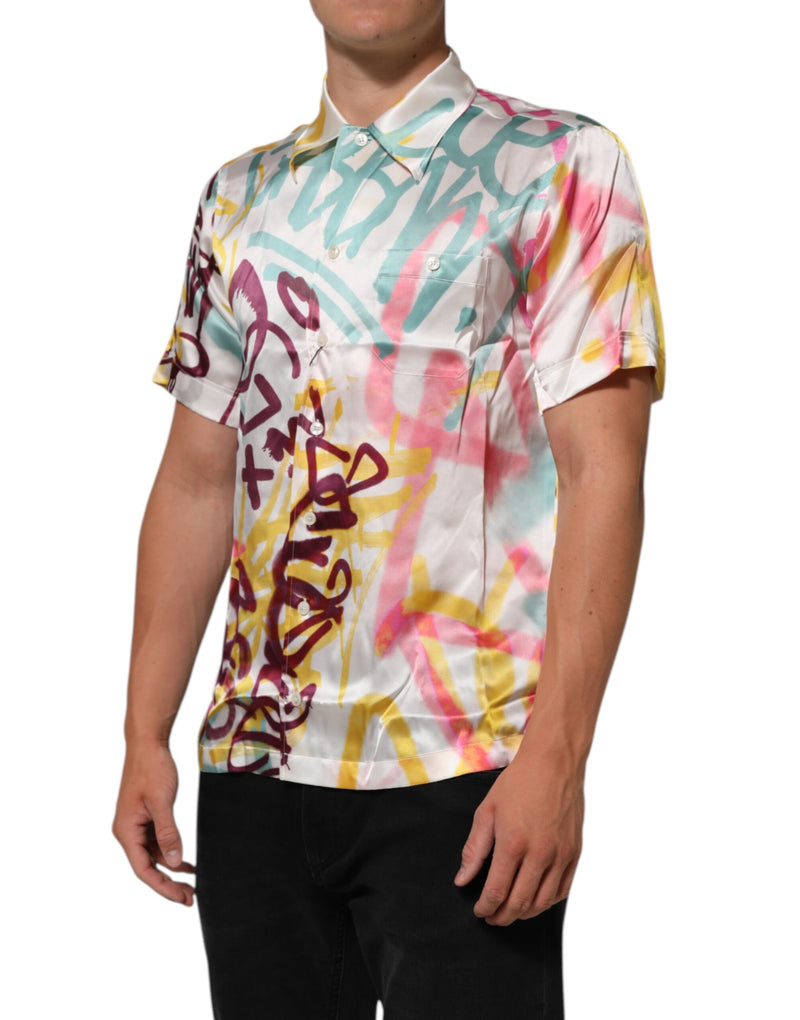 Camisa casual Dolce & Gabbana branca de seda para homens com estampa havaiana de grafite