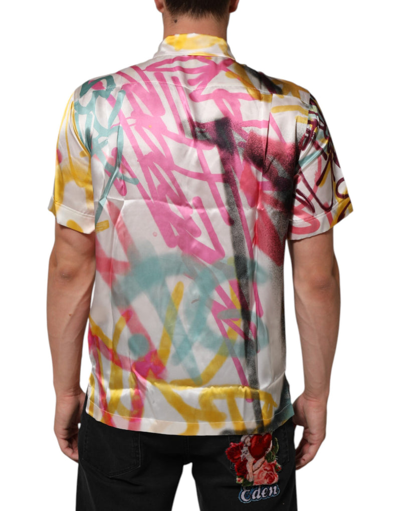 Camisa casual Dolce & Gabbana branca de seda para homens com estampa havaiana de grafite