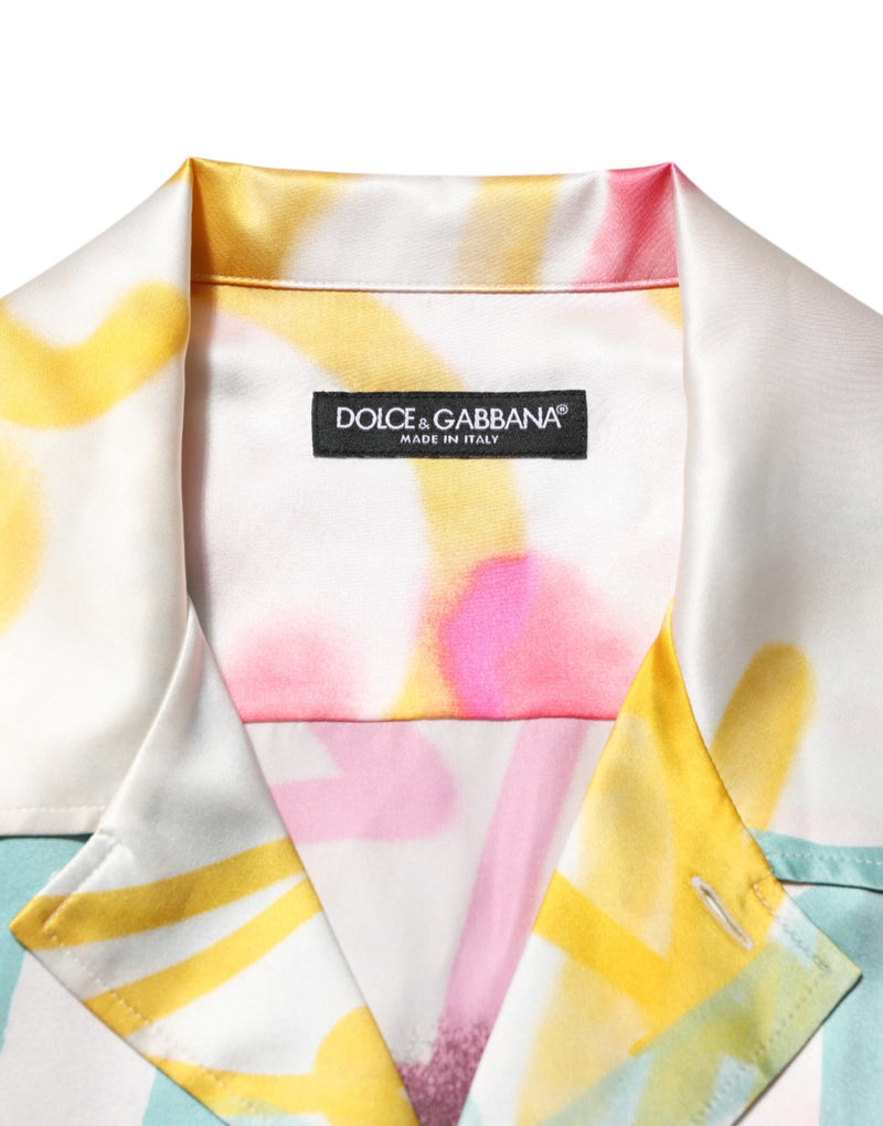 Camisa casual Dolce & Gabbana branca de seda para homens com estampa havaiana de grafite