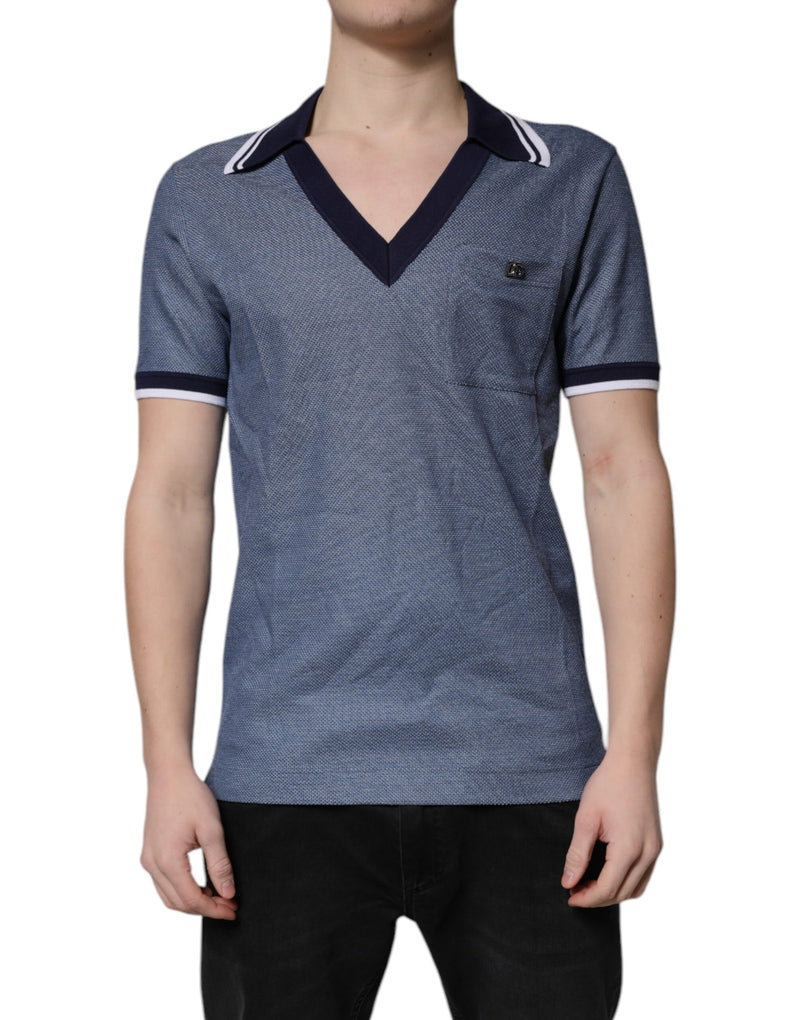 Dolce & Gabbana Polo blu in misto seta con colletto e scollo a V