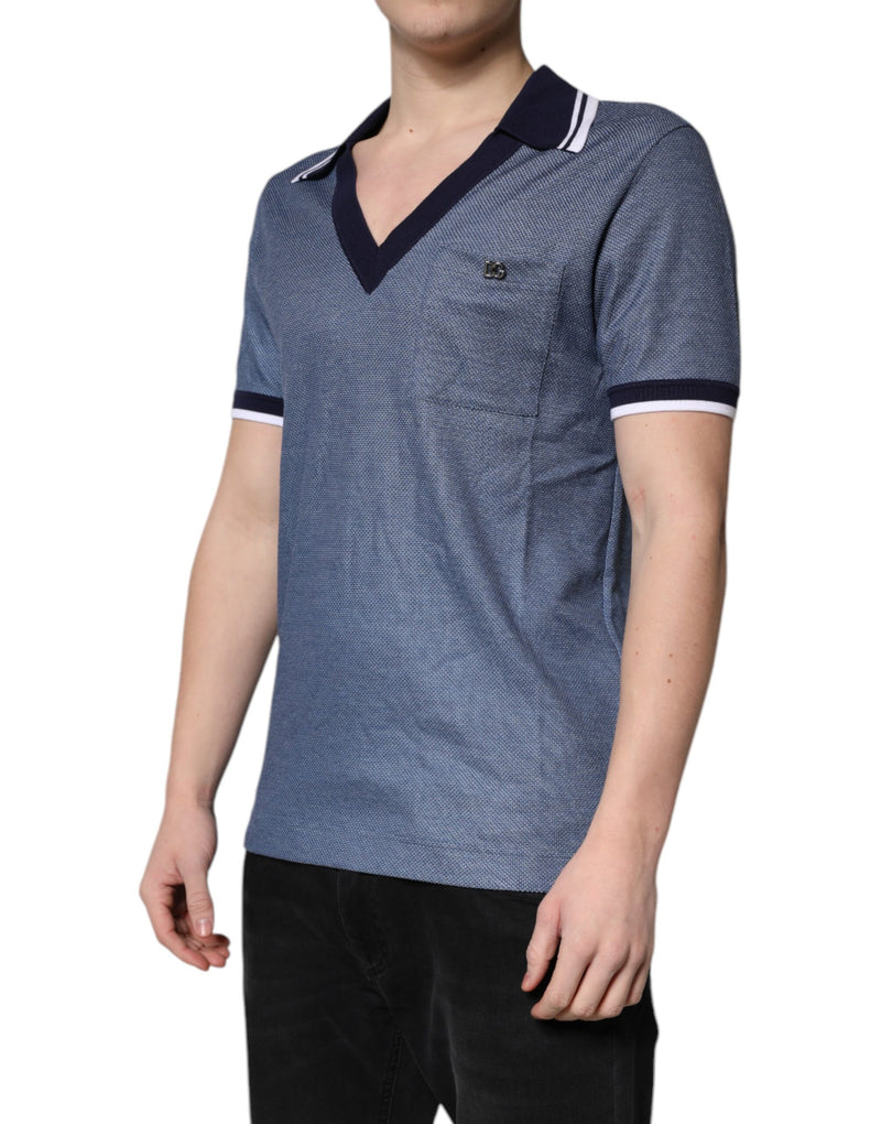 Dolce & Gabbana Polo blu in misto seta con colletto e scollo a V
