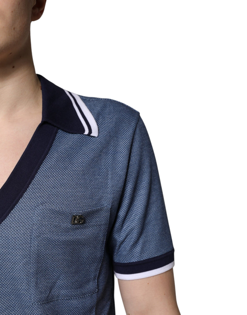 Dolce & Gabbana Polo blu in misto seta con colletto e scollo a V