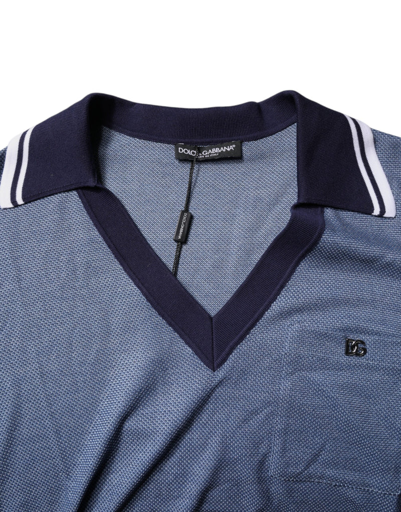Dolce & Gabbana Polo blu in misto seta con colletto e scollo a V