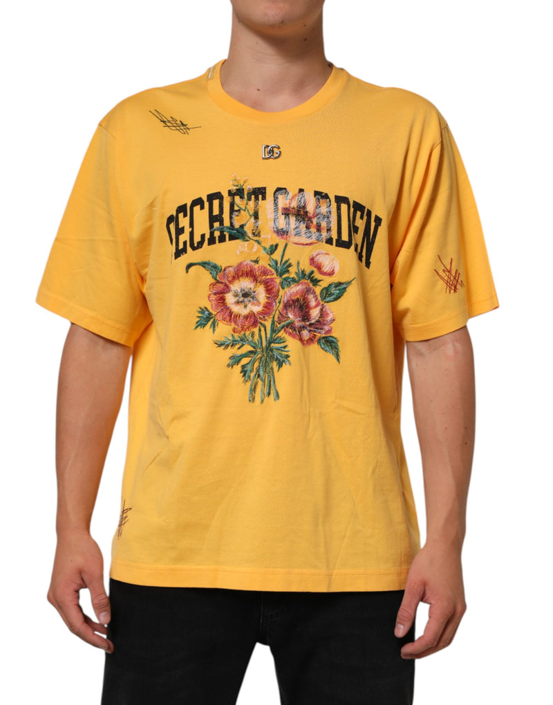 Dolce & Gabbana T-shirt gialla in cotone a girocollo con stampa floreale Secret Graden