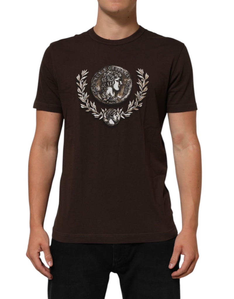 Dolce & Gabbana T-shirt marrone da uomo a girocollo con stampa di moneta e alloro