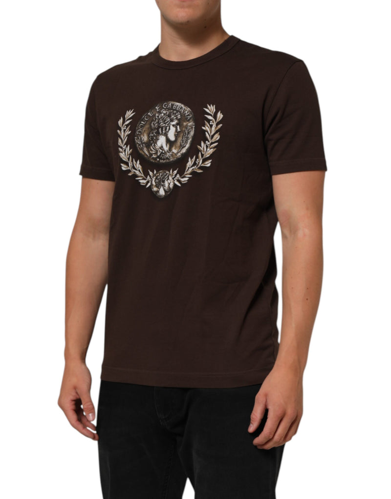 Dolce & Gabbana T-shirt marrone da uomo a girocollo con stampa di moneta e alloro