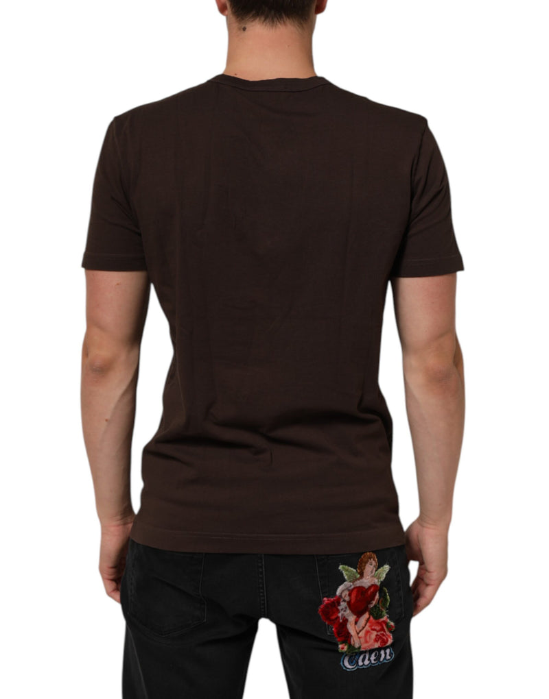 Dolce & Gabbana T-shirt marrone da uomo a girocollo con stampa di moneta e alloro