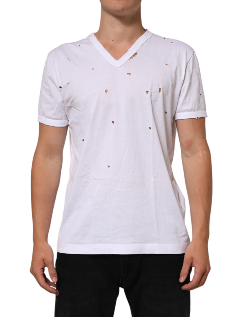 Camiseta masculina branca Dolce & Gabbana de algodão, com desgaste e decote em V