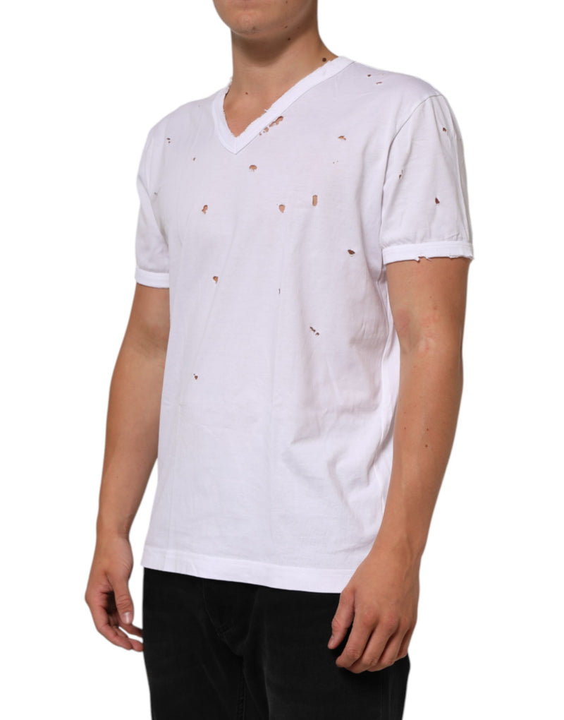 Camiseta masculina branca Dolce & Gabbana de algodão, com desgaste e decote em V