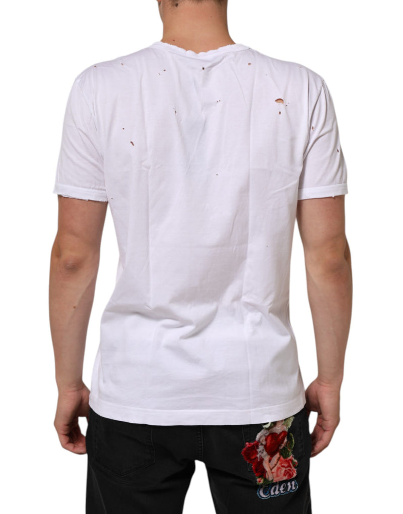 Camiseta masculina branca Dolce & Gabbana de algodão, com desgaste e decote em V