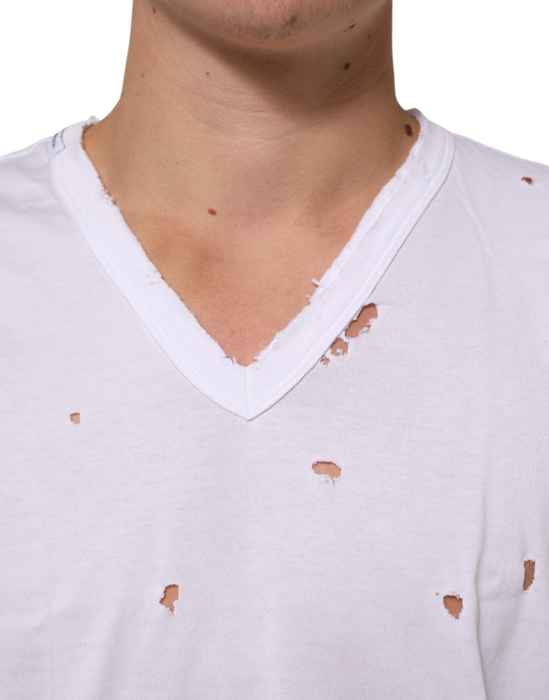 Camiseta masculina branca Dolce & Gabbana de algodão, com desgaste e decote em V