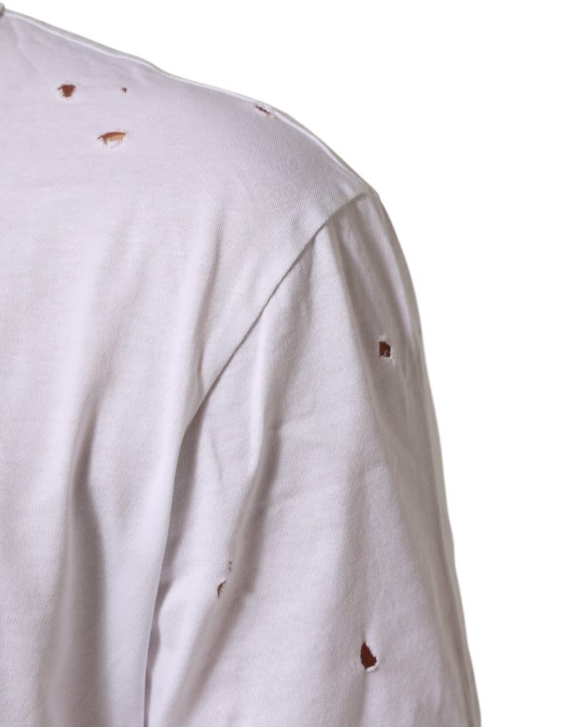 Camiseta masculina branca Dolce & Gabbana de algodão, com desgaste e decote em V
