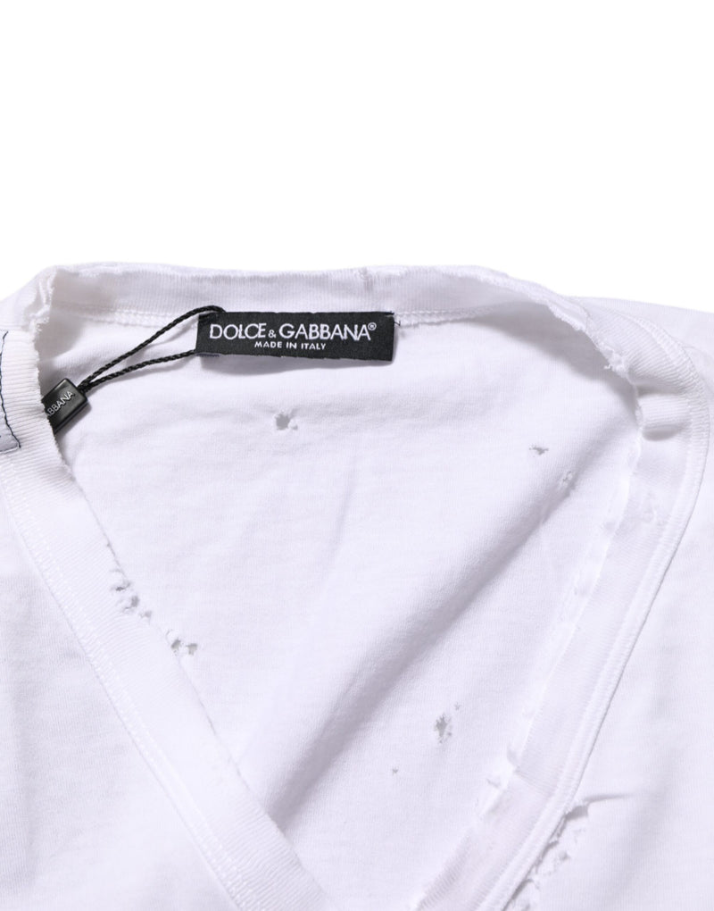 Camiseta masculina branca Dolce & Gabbana de algodão, com desgaste e decote em V