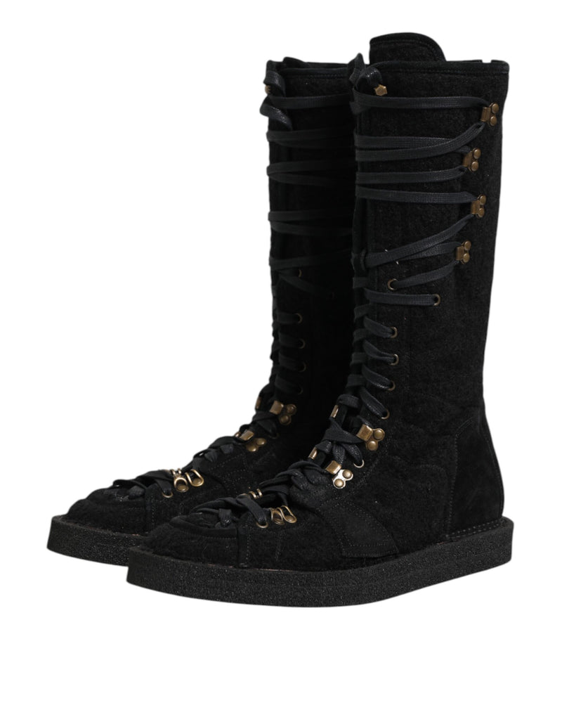 Dolce & Gabbana Black Alpaca Wool Suede Mid Calf Boots Shoes