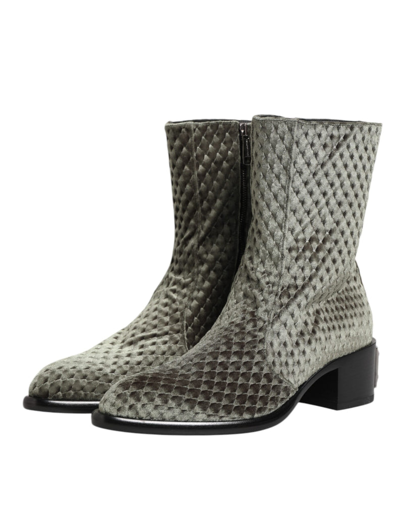 Dolce & Gabbana Gray Cotton Velvet Mid Calf Short Boots Shoes