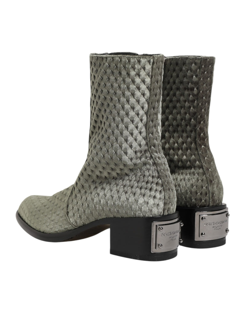Dolce & Gabbana Gray Cotton Velvet Mid Calf Short Boots Shoes