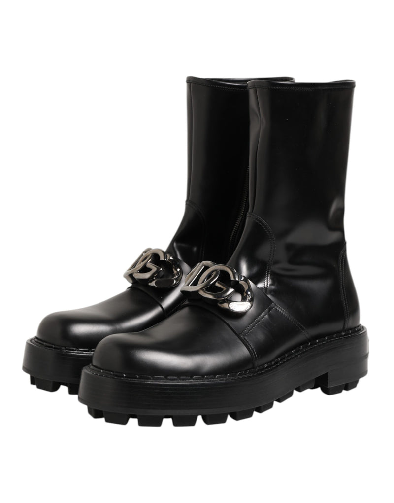 Dolce & Gabbana Black Logo Plaque Mid Calf Biker Boots Shoes