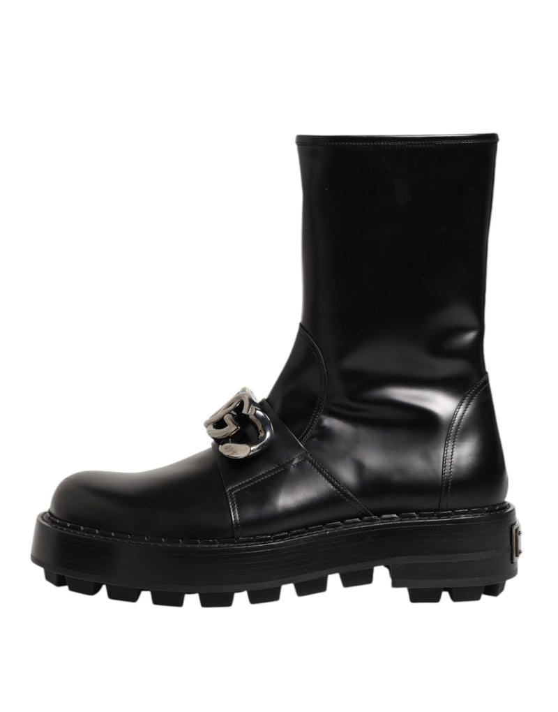 Dolce & Gabbana Black Logo Plaque Mid Calf Biker Boots Shoes