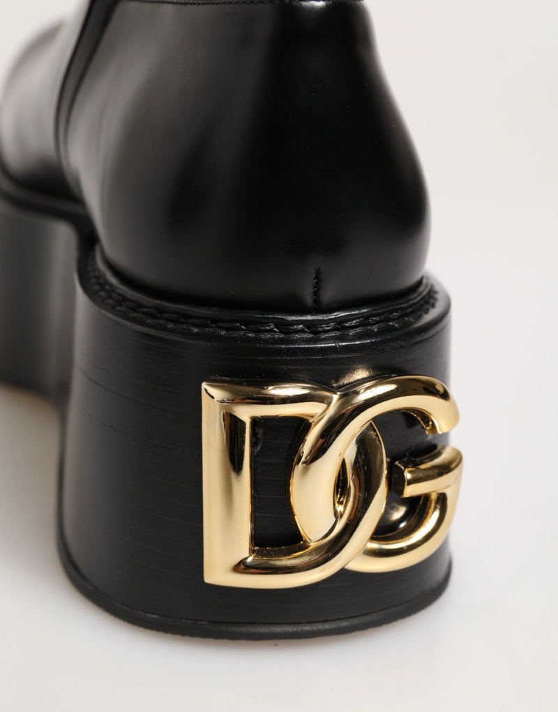 Stivali sopra il ginocchio in pelle nera con placca logo Dolce & Gabbana