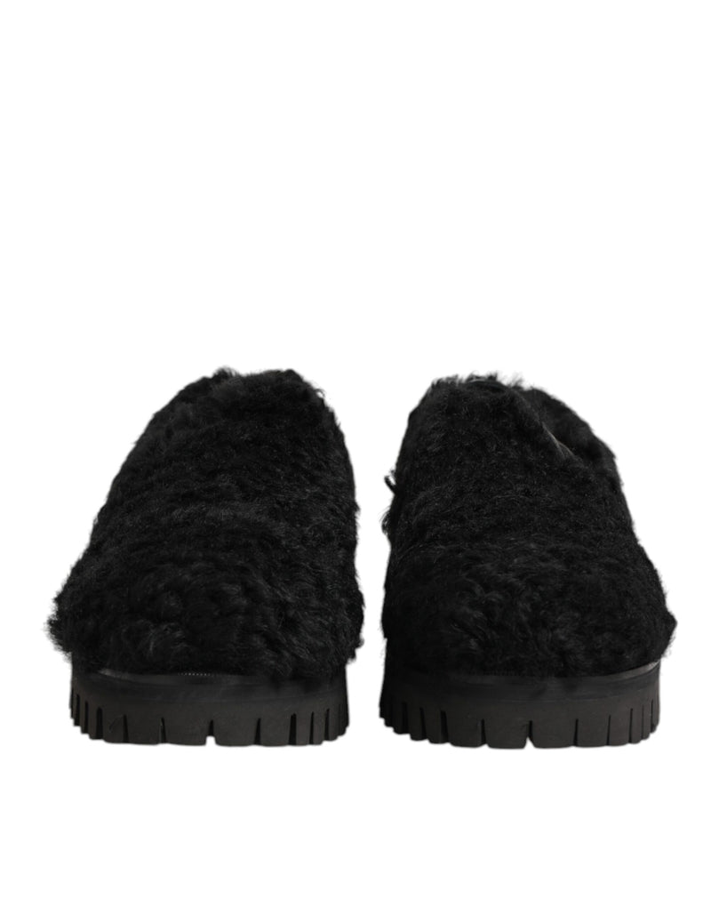 Pantuflas de vestir de cuero y pelo negro Dolce & Gabbana para hombre