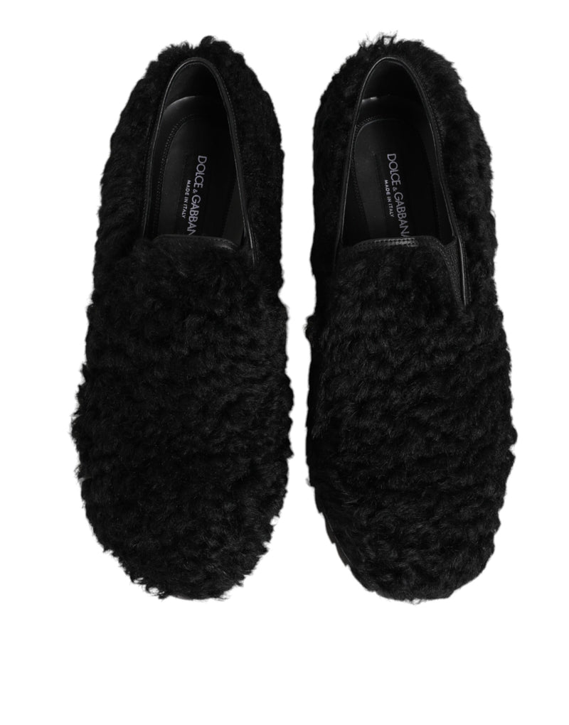Pantuflas de vestir de cuero y pelo negro Dolce & Gabbana para hombre