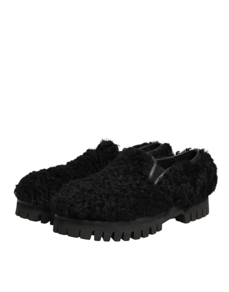 Pantuflas de vestir de cuero y pelo negro Dolce & Gabbana para hombre