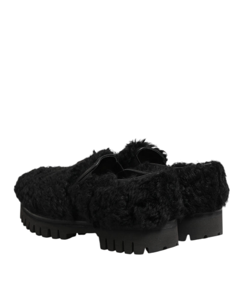 Pantuflas de vestir de cuero y pelo negro Dolce & Gabbana para hombre
