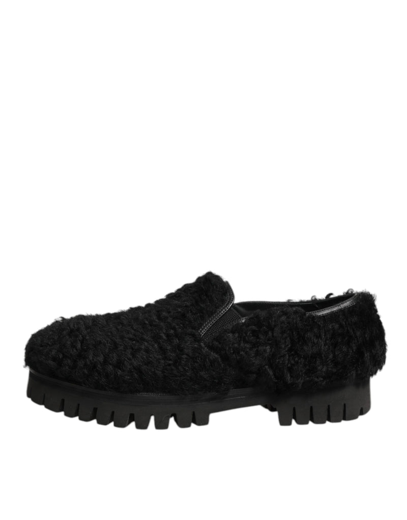 Pantuflas de vestir de cuero y pelo negro Dolce & Gabbana para hombre