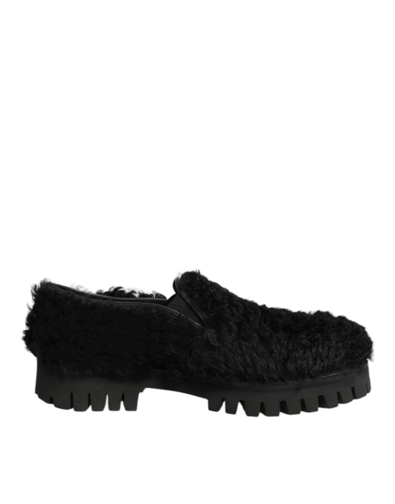 Pantuflas de vestir de cuero y pelo negro Dolce & Gabbana para hombre